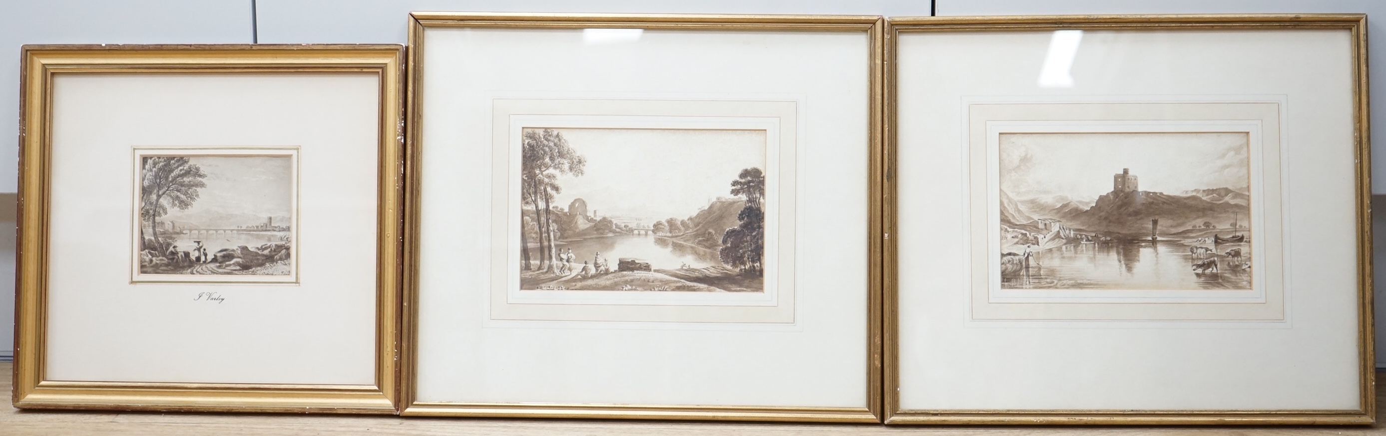 Three 19th century monochrome watercolours to include one attributed to John Varley (1778-1842), landscapes, largest 11 x 17cm
